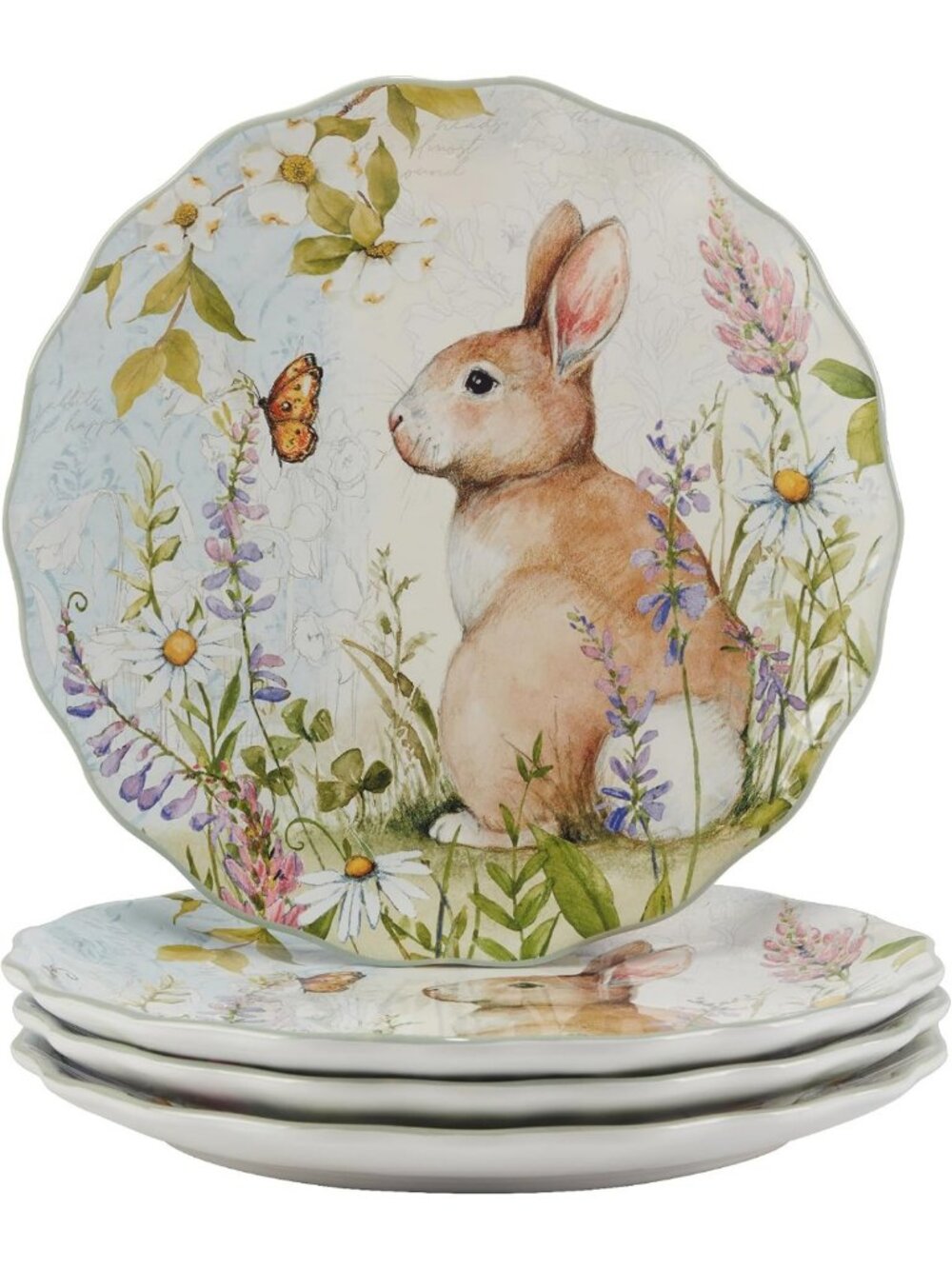 Whimsical Bunny Floral Dinner Plates Set of 4 - Spring Tablescape, Microwave
